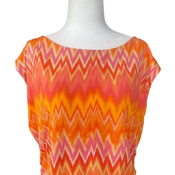 Vince Camuto Yellow/Orange/Red Sunburst Pattern Blouse with Side Ruching XL - Picture 2 of 12
